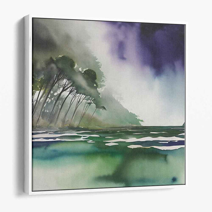 Silent Meadow Whispers: Tranquil Green and Purple Landscape Canvas Art