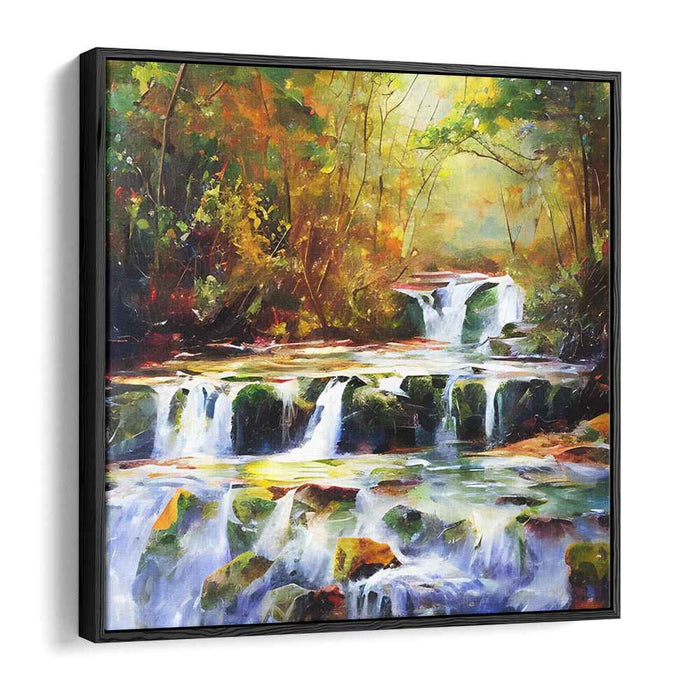 Dappled Cascade Grove: Impressionist Forest Waterfall Canvas Art Print