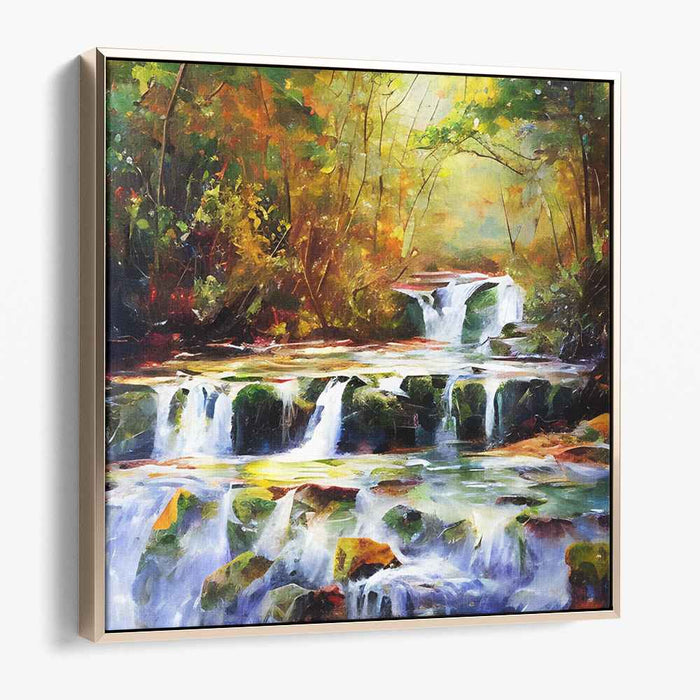 Dappled Cascade Grove: Impressionist Forest Waterfall Canvas Art Print