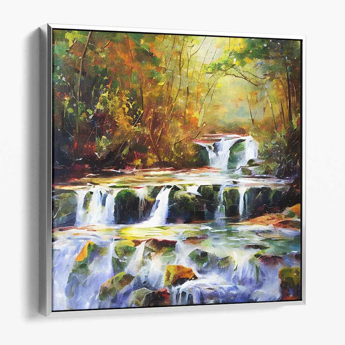 Dappled Cascade Grove: Impressionist Forest Waterfall Canvas Art Print
