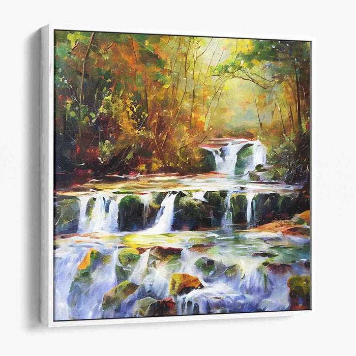 Dappled Cascade Grove: Impressionist Forest Waterfall Canvas Art Print