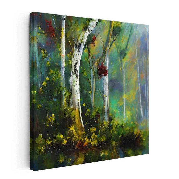 Verdant Woods: Lush Greenery and Birch Trees Canvas Art