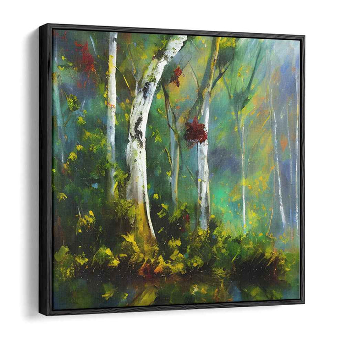 Verdant Woods: Lush Greenery and Birch Trees Canvas Art