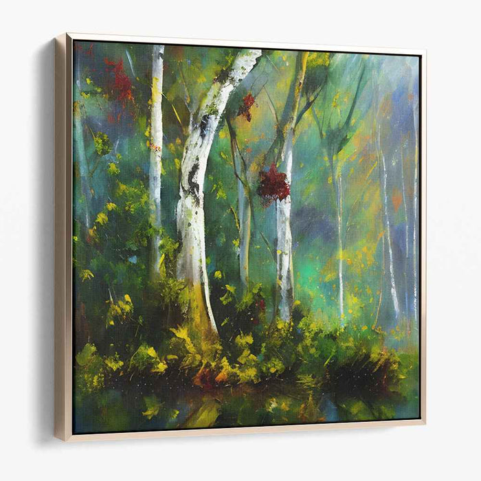 Verdant Woods: Lush Greenery and Birch Trees Canvas Art
