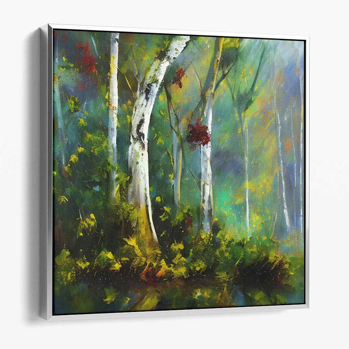 Verdant Woods: Lush Greenery and Birch Trees Canvas Art