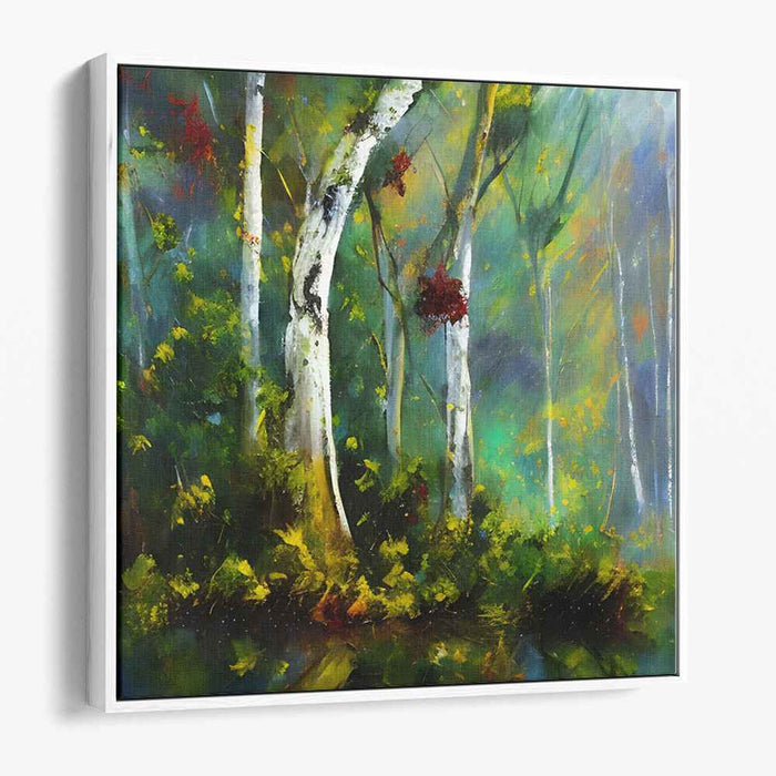 Verdant Woods: Lush Greenery and Birch Trees Canvas Art