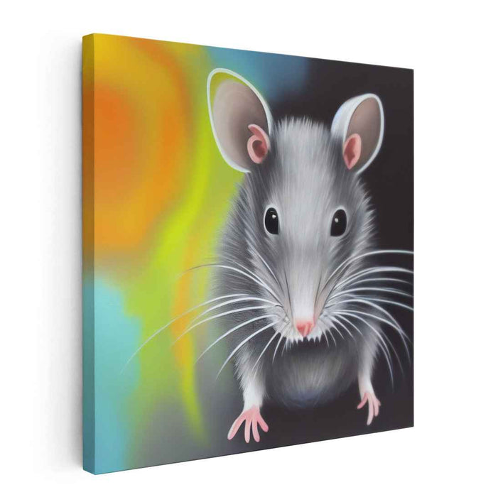 Whimsical Gaze: Realistic Mouse Against Abstract Colorful Backdrop Canvas Art