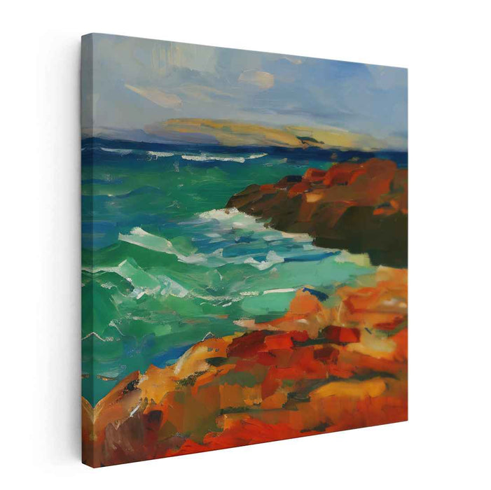 Rugged Elegance: Impressionist Coastal Landscape with Vibrant Cliffs and Turbulent Sea