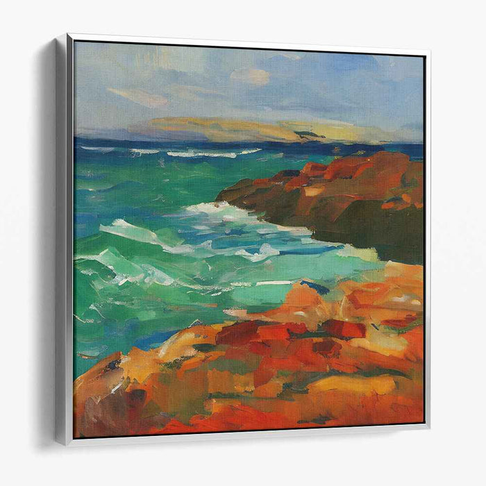 Rugged Elegance: Impressionist Coastal Landscape with Vibrant Cliffs and Turbulent Sea