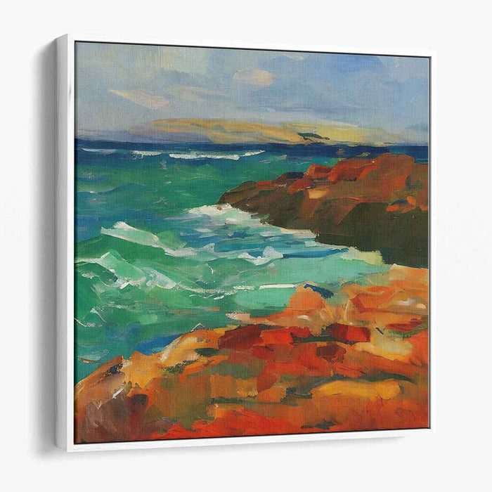 Rugged Elegance: Impressionist Coastal Landscape with Vibrant Cliffs and Turbulent Sea
