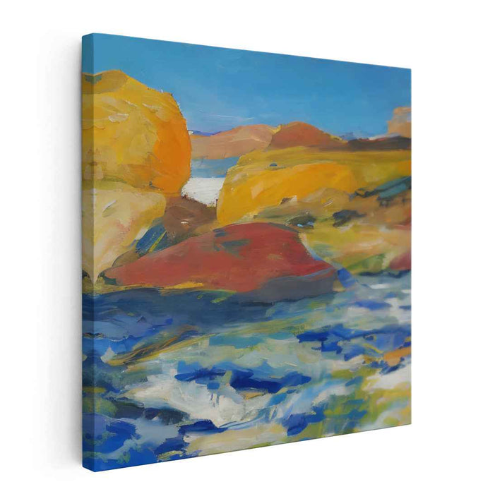 Azure Currents and Golden Cliffs: Impressionist River Landscape Canvas Art