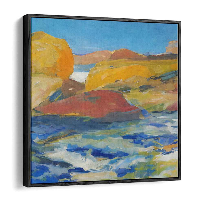 Azure Currents and Golden Cliffs: Impressionist River Landscape Canvas Art