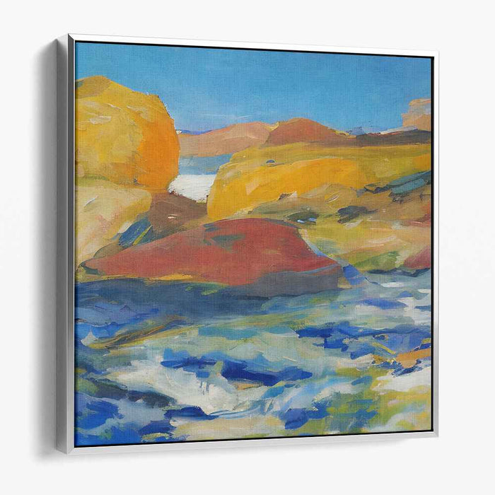 Azure Currents and Golden Cliffs: Impressionist River Landscape Canvas Art