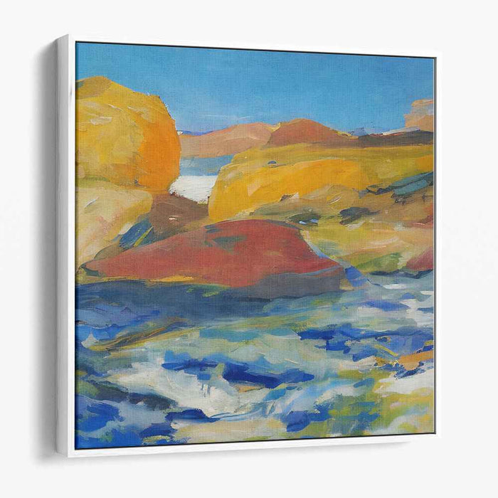 Azure Currents and Golden Cliffs: Impressionist River Landscape Canvas Art