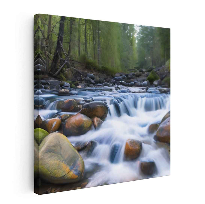 Enchanted Rivulet: Majestic Stream Amidst Forest Stones Canvas Art Print