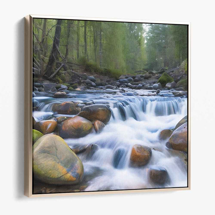 Enchanted Rivulet: Majestic Stream Amidst Forest Stones Canvas Art Print
