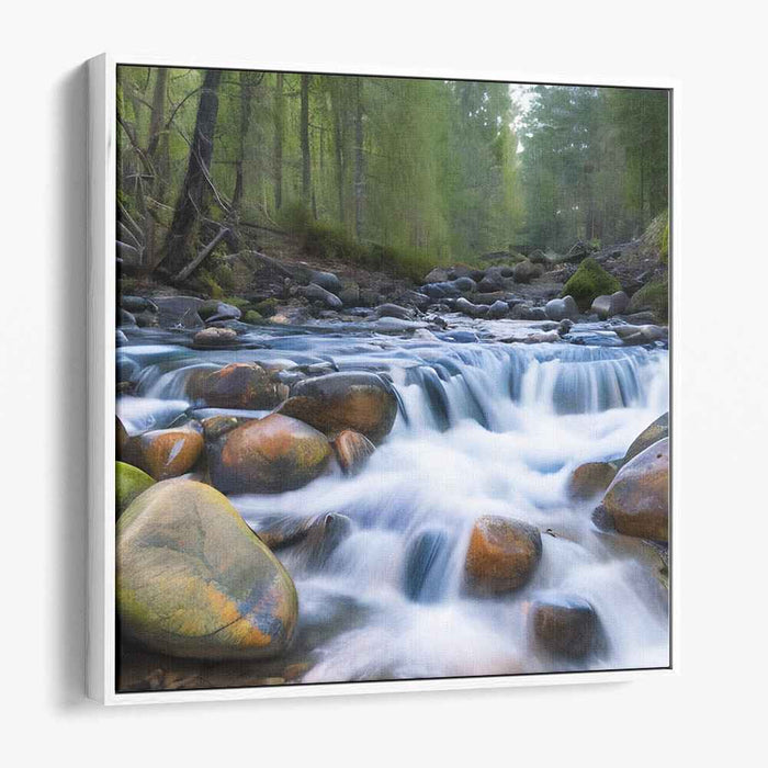 Enchanted Rivulet: Majestic Stream Amidst Forest Stones Canvas Art Print