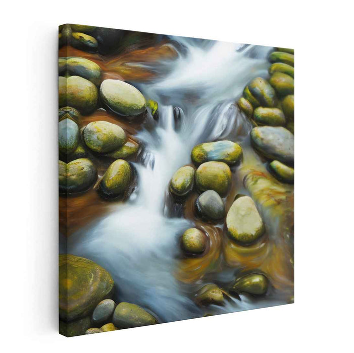 Tranquil Stream Reflections: Serene River Rocks and Water Canvas Art Print