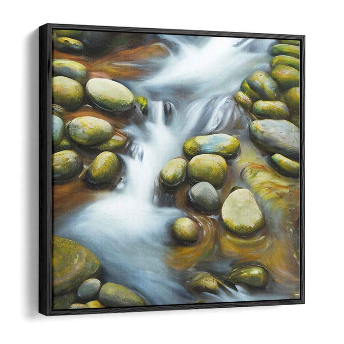 Tranquil Stream Reflections: Serene River Rocks and Water Canvas Art Print