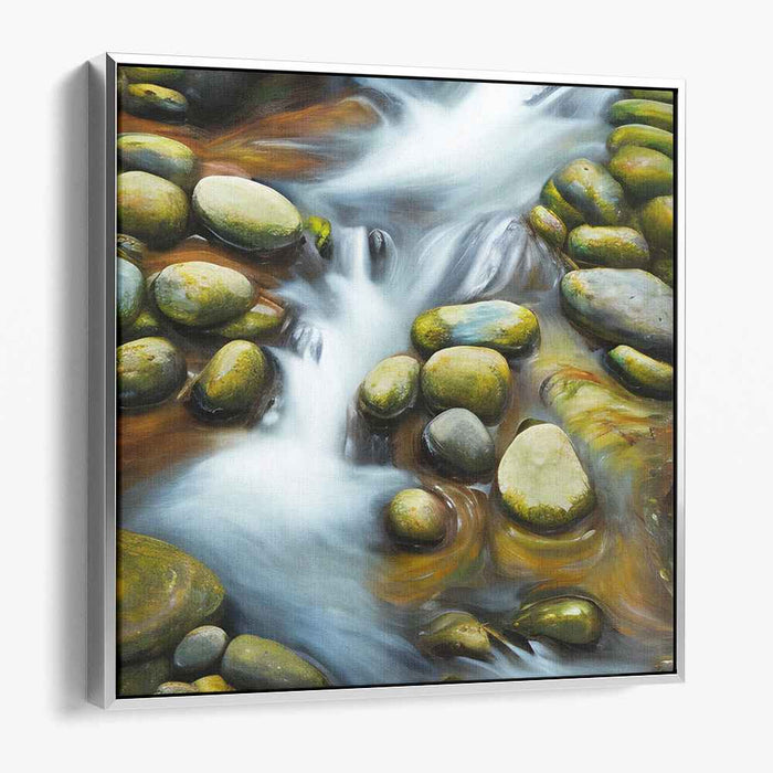 Tranquil Stream Reflections: Serene River Rocks and Water Canvas Art Print