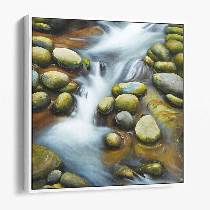 Tranquil Stream Reflections: Serene River Rocks and Water Canvas Art Print