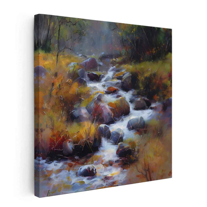 Whispers Of Autumn Creek: Impressionist Creek Among Fall Foliage Canvas Art