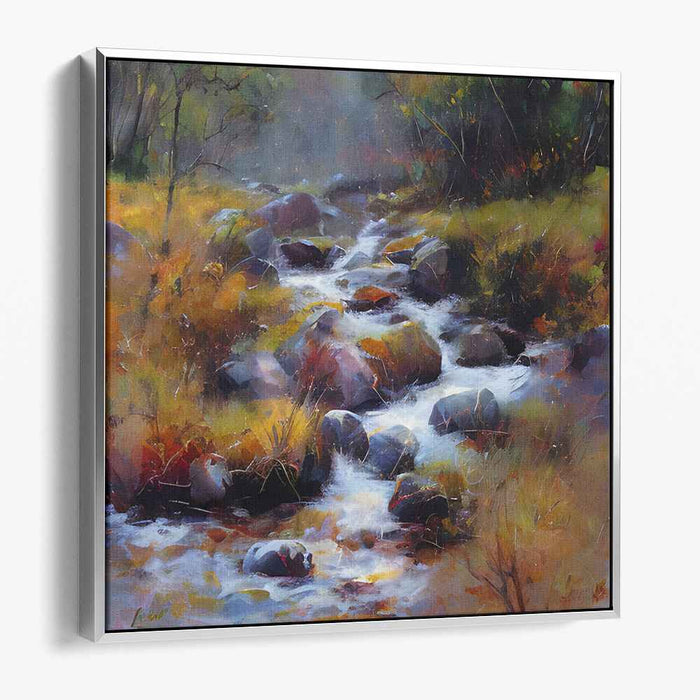 Whispers Of Autumn Creek: Impressionist Creek Among Fall Foliage Canvas Art