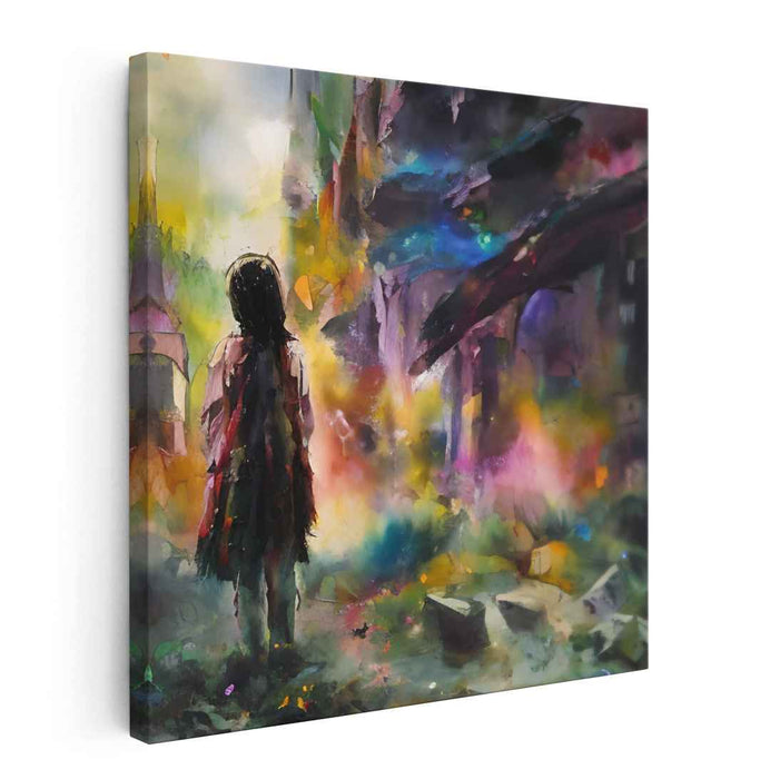 Mystery within Vivid Dreams: Enigmatic Girl in a Surreal Colorful Landscape