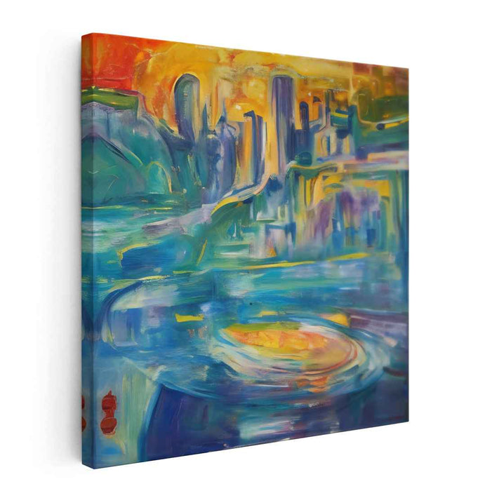 Luminous Vortex: Abstract Expressionist Cityscape Canvas Art
