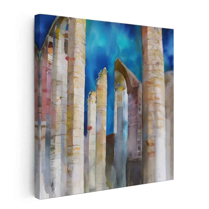 Tinted Skies Abandoned Relics: Watercolor Ruins Under a Vibrant Sky