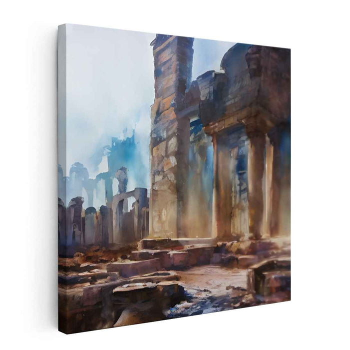 Ethereal Echoes Dance Below Mist: Ancient Ruins in Watercolor