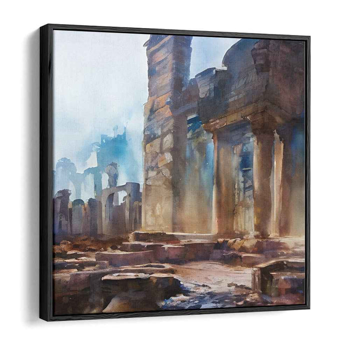Ethereal Echoes Dance Below Mist: Ancient Ruins in Watercolor
