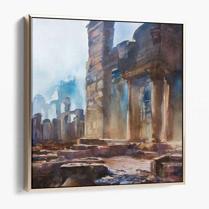 Ethereal Echoes Dance Below Mist: Ancient Ruins in Watercolor