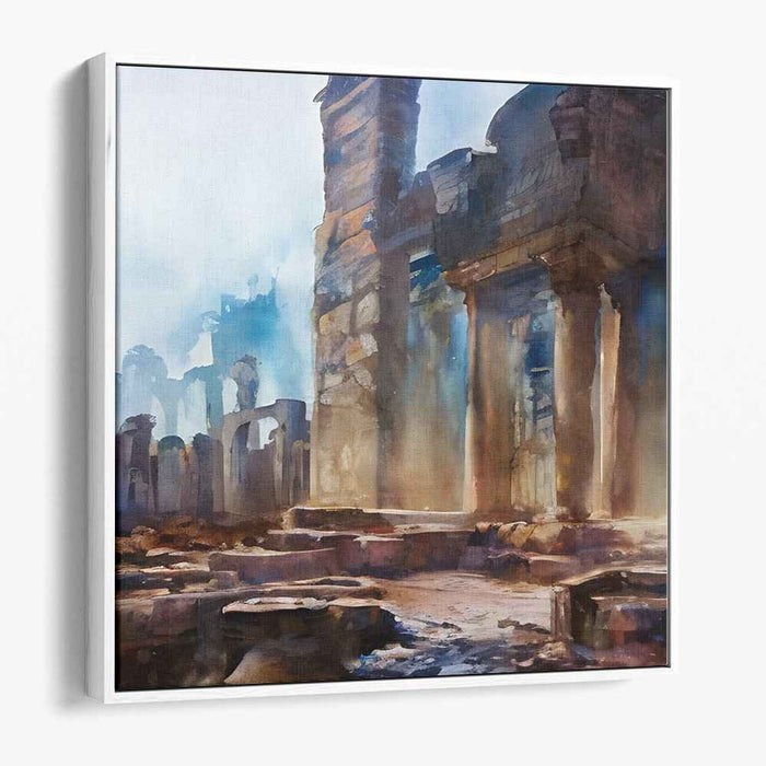 Ethereal Echoes Dance Below Mist: Ancient Ruins in Watercolor