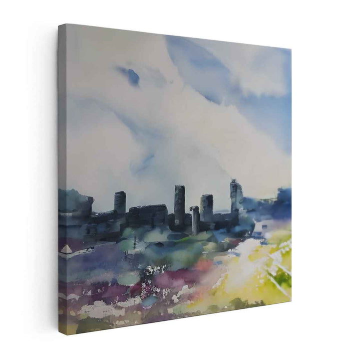 Serene Ruins: Impressionist Watercolor Landscape of an Ancient Castle