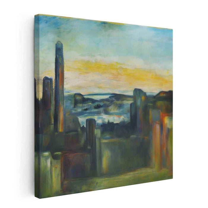 Whispering Tides Abstraction: Impressionist Skyline and Bay Canvas Art Print