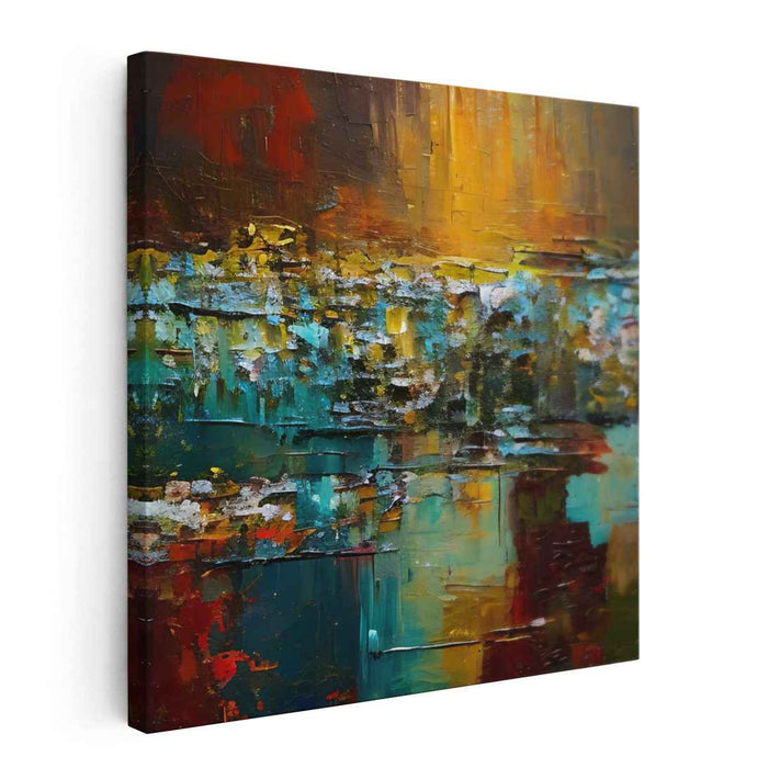 Earthen Teal Symphony: Abstract Expressionist Teal and Earthy Canvas Art