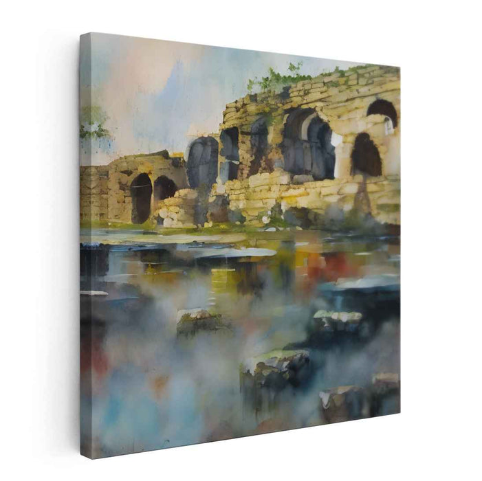 Fading Remnants Glow: Watercolor Ruins at Sunset