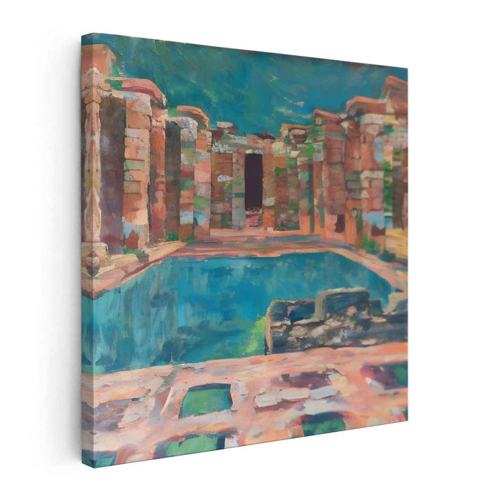 Ancient Oasis: Vibrant Ruins and Reflective Pool Canvas Art
