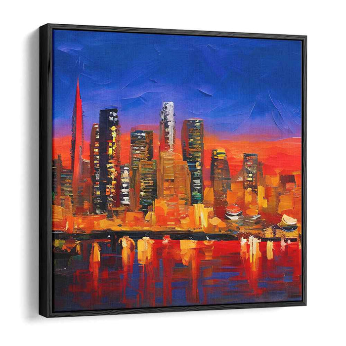 Skyline Blaze: Fiery Skyline Reflections Canvas Art Print