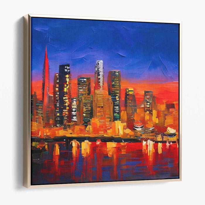 Skyline Blaze: Fiery Skyline Reflections Canvas Art Print
