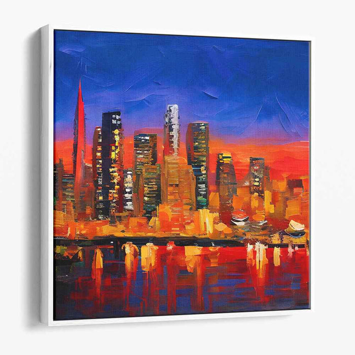 Skyline Blaze: Fiery Skyline Reflections Canvas Art Print