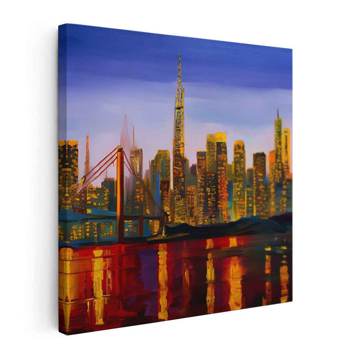 Neon Nightscape Glow: Illuminated Urban Skyline Canvas Art Print