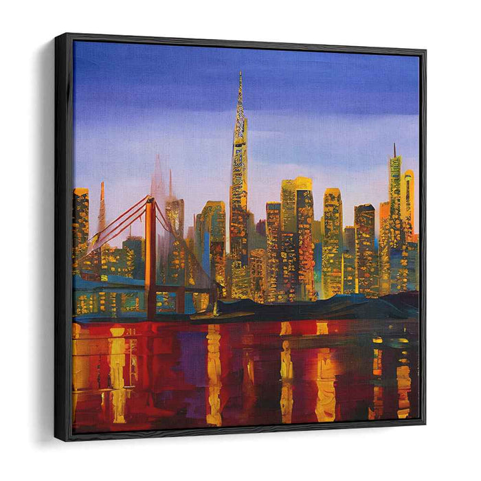 Neon Nightscape Glow: Illuminated Urban Skyline Canvas Art Print
