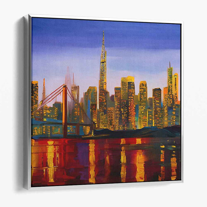 Neon Nightscape Glow: Illuminated Urban Skyline Canvas Art Print