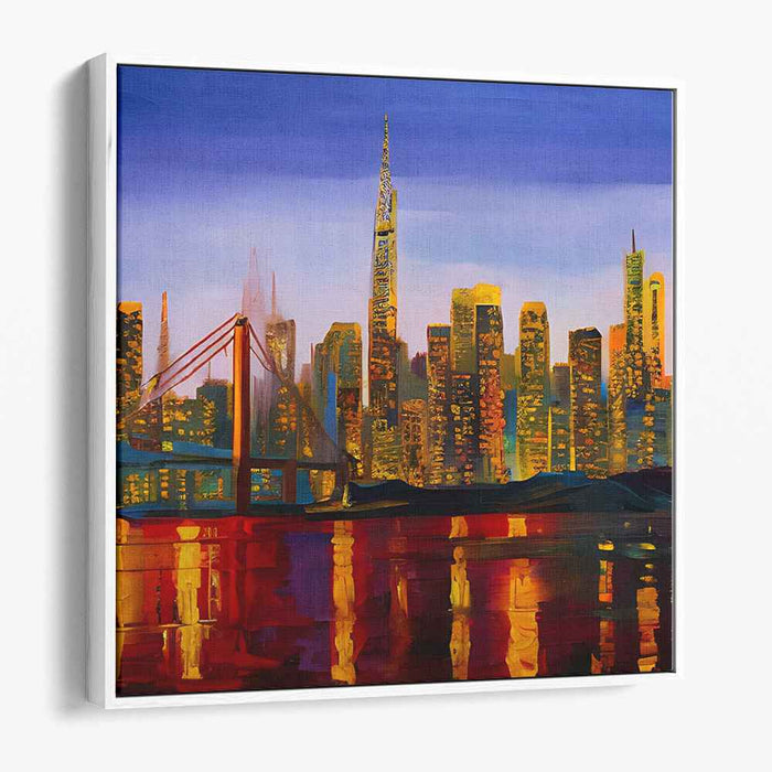 Neon Nightscape Glow: Illuminated Urban Skyline Canvas Art Print
