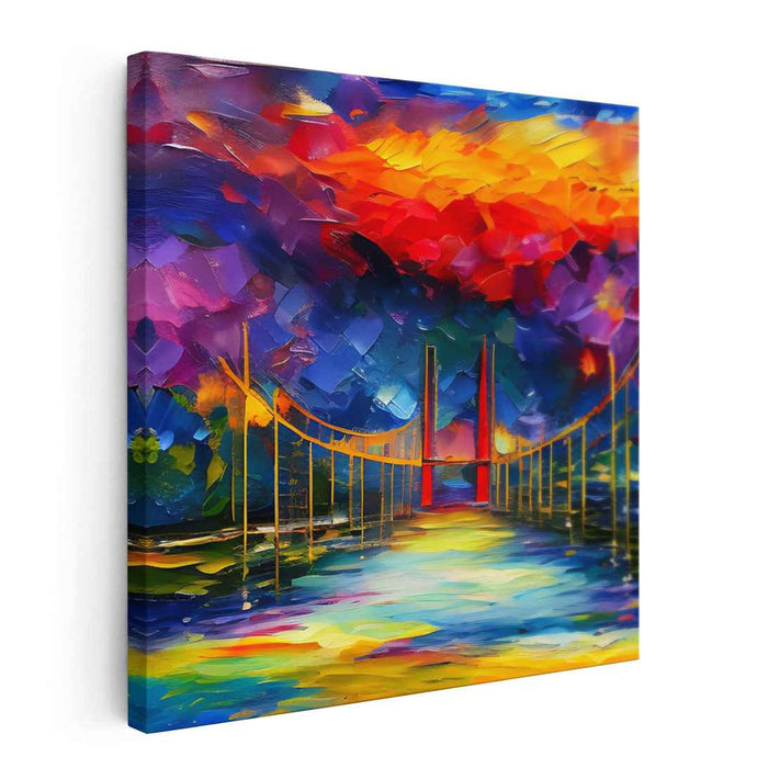Ember Glow Crossing: Fiery Bridge at Sunset Canvas Art Print