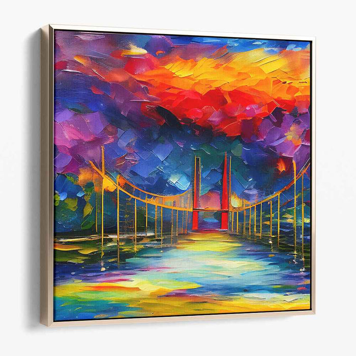 Ember Glow Crossing: Fiery Bridge at Sunset Canvas Art Print