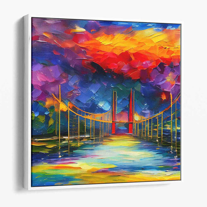 Ember Glow Crossing: Fiery Bridge at Sunset Canvas Art Print