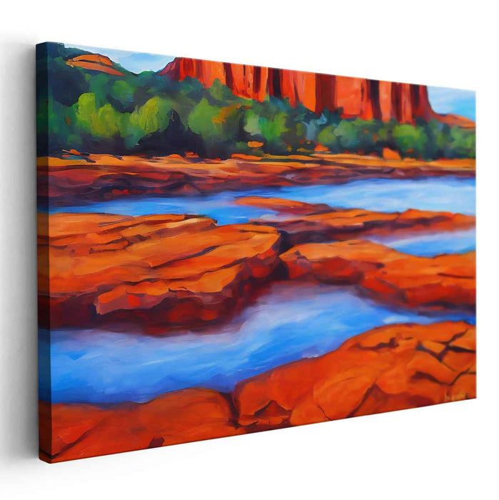 Crimson Cliffs and Serene Waters: Vibrant Landscape Canvas Art